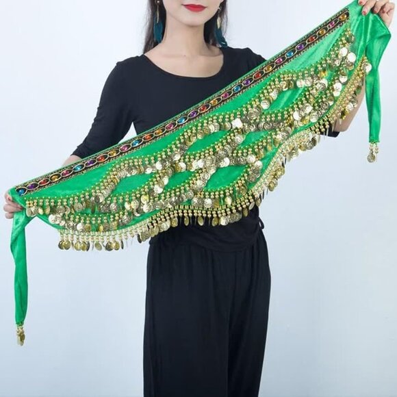 Women's Green Triangular Belly Dancing Hip Scarf Wrap Skirt with Gold Coins - Picture 4 of 5
